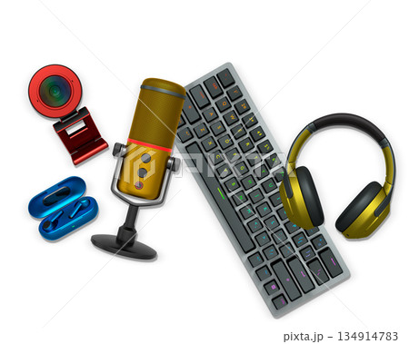 Gaming and streaming accessories including RGB keyboard, headphones, mic, webcam, earbuds on white background 134914783