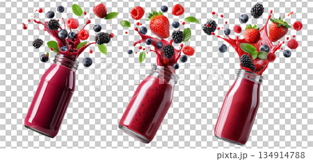 Vibrant berry smoothie splashing from glass bottle, surrounded by fresh fruits and mint, isolated on white background Vibrant berry smoothie splashing from glass bottle, surrounded by fresh fruits and mint, isolated on white background 134914788
