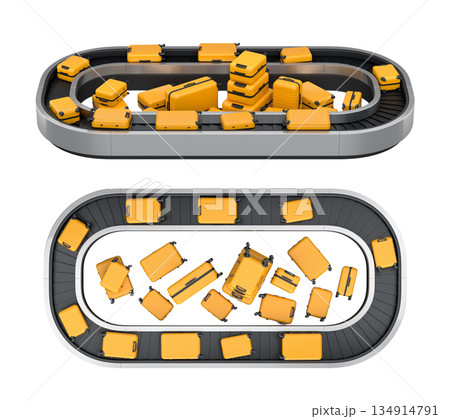 Set of Airport luggage conveyor belt or baggage claim area with suitcases on white. Set of Airport luggage conveyor belt or baggage claim area with suitcases on white. 134914791