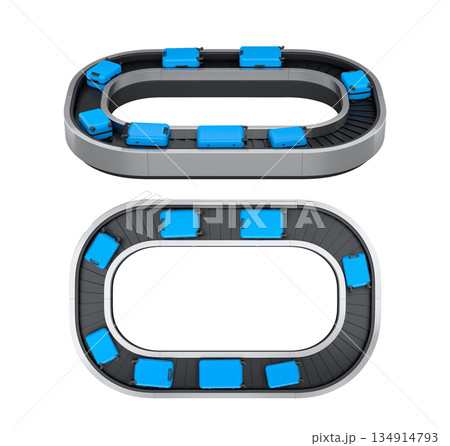 Set of Airport luggage conveyor belt or baggage claim area with suitcases on white. Set of Airport luggage conveyor belt or baggage claim area with suitcases on white. 134914793