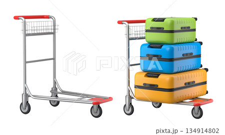 Set of Regular suitcase on hotel trolley cart for carrying baggage on white background 134914802