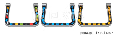 Set of Airport luggage conveyor belt or baggage claim area with suitcases on white. 134914807
