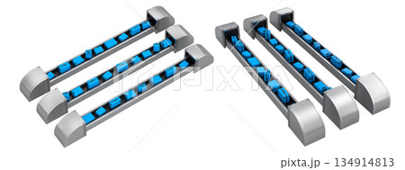 Set of Airport luggage conveyor belt or baggage claim area with suitcases on white. 134914813