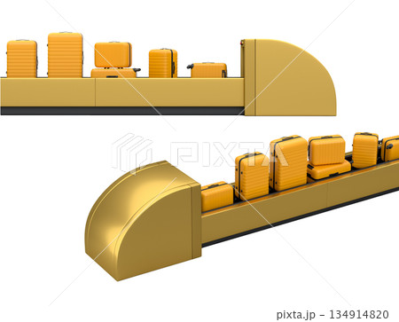 Set of Airport luggage conveyor belt or baggage claim area with suitcases on white. 134914820