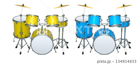 Set of realistic drums with metal cymbals or drumset on white background Set of realistic drums with metal cymbals or drumset on white background 134914833