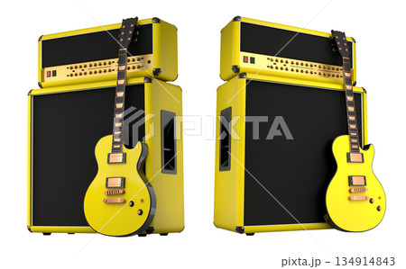 Set of amplifier with acoustic guitar isolated on white background. 134914843