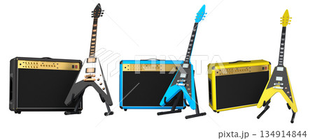 Set of amplifier with acoustic guitar isolated on white background. 134914844