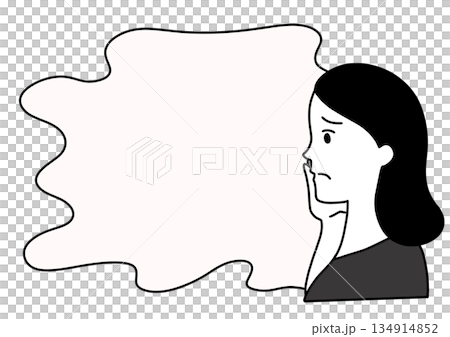 A worried woman with her hands on her face and an uneasy speech bubble A worried woman with her hands on her face and an uneasy speech bubble 134914852