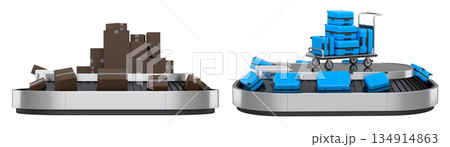 Set of Airport luggage conveyor belt or baggage claim area with suitcases on white. 134914863