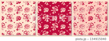 Collection of classic romantic seamless patterns featuring roses and bows in a soft pink tone color palette. Timeless designs for fabric, wallpaper, and elegant backdrops. Collection of classic romantic seamless patterns featuring roses and bows in a soft pink tone color palette. Timeless designs for fabric, wallpaper, and elegant backdrops. 134915040