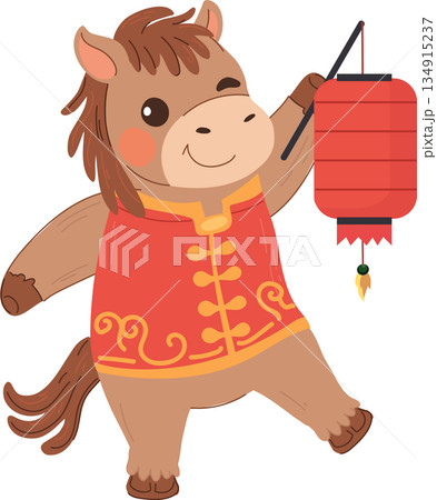 Adorable horse from the Chinese zodiac celebrating Lunar New Year with a red lantern 134915237
