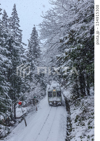 雪降る中を走る只見線 雪降る中を走る只見線 134915308