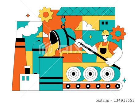 Steelworks Vector Illustration Featuring Resource Mining, Metal Smelting Process Inside Large Foundry, And Molten Steel Pouring In Flat Background Steelworks Vector Illustration Featuring Resource Mining, Metal Smelting Process Inside Large Foundry, And Molten Steel Pouring In Flat Background 134915553