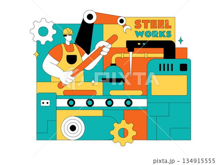 Steelworks Vector Illustration Featuring Resource Mining, Metal Smelting Process Inside Large Foundry, And Molten Steel Pouring In Flat Background Steelworks Vector Illustration Featuring Resource Mining, Metal Smelting Process Inside Large Foundry, And Molten Steel Pouring In Flat Background 134915555