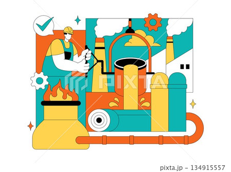 Steelworks Vector Illustration Featuring Resource Mining, Metal Smelting Process Inside Large Foundry, And Molten Steel Pouring In Flat Background Steelworks Vector Illustration Featuring Resource Mining, Metal Smelting Process Inside Large Foundry, And Molten Steel Pouring In Flat Background 134915557