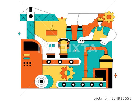 Steelworks Vector Illustration Featuring Resource Mining, Metal Smelting Process Inside Large Foundry, And Molten Steel Pouring In Flat Background Steelworks Vector Illustration Featuring Resource Mining, Metal Smelting Process Inside Large Foundry, And Molten Steel Pouring In Flat Background 134915559