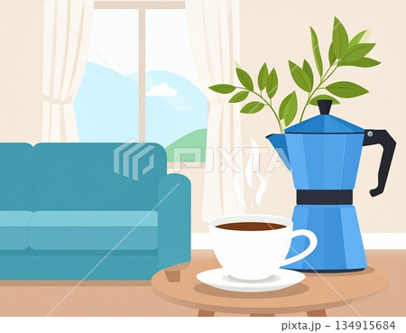 リビングでくつろぎ時間のイメージイラスト 134915684