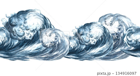 Seamless border with sea waves. Hand-drawn watercolor illustrations. Colorful images. For textiles and postcards, posters and banners, packaging, and more. 134916097