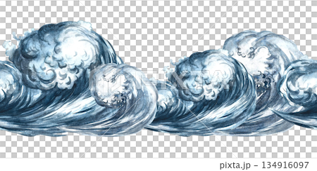 Seamless border with sea waves. Hand-drawn watercolor illustrations. Colorful images. For textiles and postcards, posters and banners, packaging, and more. 134916097
