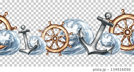 Seamless border with sea waves, anchors, and ship's rudders. Hand-drawn watercolor illustrations. For textiles and postcards, posters and banners, packaging, and more. Seamless border with sea waves, anchors, and ship's rudders. Hand-drawn watercolor illustrations. For textiles and postcards, posters and banners, packaging, and more. 134916098