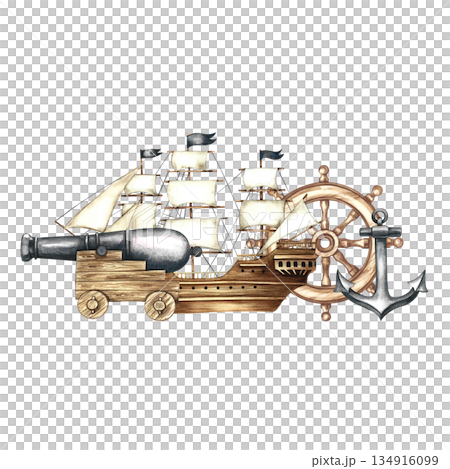 Marine composition. Hand-drawn watercolor illustration. Sailing ship, ship cannon, steering wheel, anchor. Color image. For children's games and celebrations, stickers, posters and banners, packaging. Marine composition. Hand-drawn watercolor illustration. Sailing ship, ship cannon, steering wheel, anchor. Color image. For children's games and celebrations, stickers, posters and banners, packaging. 134916099