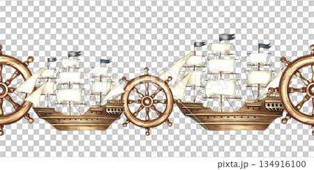 Seamless border with sailing ships and ship's rudders. Handmade watercolor illustrations. For textiles and postcards, posters and banners, packaging, and more. Seamless border with sailing ships and ship's rudders. Handmade watercolor illustrations. For textiles and postcards, posters and banners, packaging, and more. 134916100