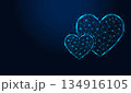 Low poly wireframe two hearts on dark blue background. 134916105