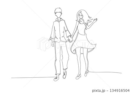 Continuous One Line Drawing of a Couple Walking Together, Love and Romance Concept eps10 134916504