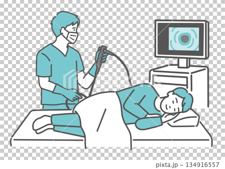 Illustration of a man undergoing a colonoscopy while asleep under a sedative 134916557