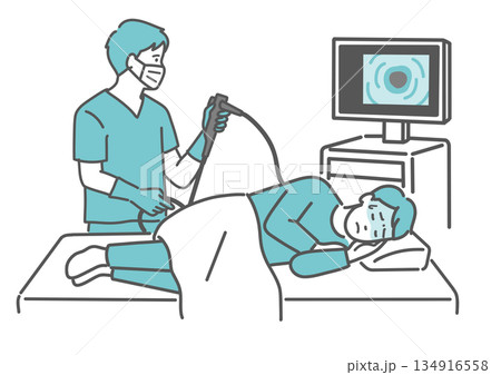 痛みや不快感を感じている大腸カメラ検査のイラスト(鎮静剤なし) 痛みや不快感を感じている大腸カメラ検査のイラスト(鎮静剤なし) 134916558