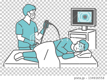 Illustration of a colonoscopy examination where pain and discomfort are felt (without sedation) Illustration of a colonoscopy examination where pain and discomfort are felt (without sedation) 134916558