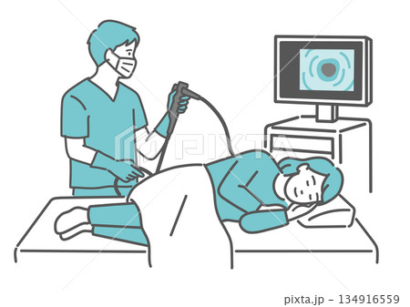 鎮静剤で眠りながら大腸カメラ検査を受ける女性のイラスト 134916559