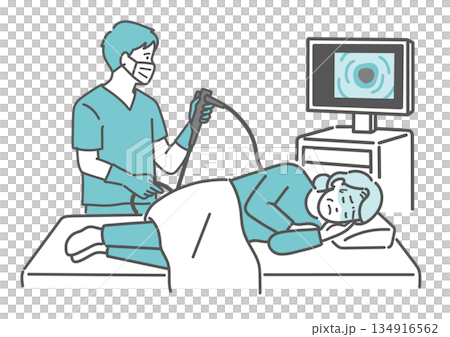 Illustration of a colonoscopy examination in which pain and discomfort are felt (elderly woman, no sedative) 134916562