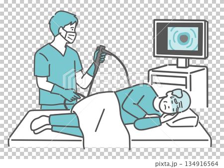 Illustration of a colonoscopy examination in which pain and discomfort are felt (elderly man, no sedative) 134916564
