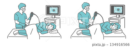 大腸カメラ検査の比較イラスト（女性・鎮静剤あり・なし／無痛・苦痛） 134916566