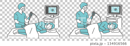 大腸カメラ検査の比較イラスト（女性・鎮静剤あり・なし／無痛・苦痛） 134916566