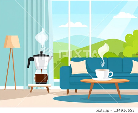 リビングで飲む淹れたてのコーヒー 134916655