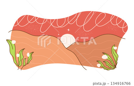 Hand Drawn Minimalist Desert Landscape Illustration with Sun in the Middle of Sand Dunes Hand Drawn Minimalist Desert Landscape Illustration with Sun in the Middle of Sand Dunes 134916766