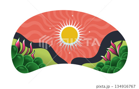 Minimalist Nature Landscape Illustration with Green Hills, Lush Garden Plants, and Bright Sun Shining in an Orange Sky 134916767