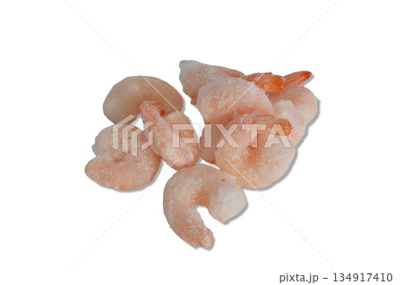 A small pile of peeled and frozen shrimp. 134917410