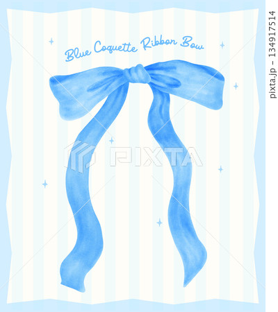 Elegant Coquette long ribbon bow blue watercolor hand painting in a preppy aesthetic. Elegant Coquette long ribbon bow blue watercolor hand painting in a preppy aesthetic. 134917514