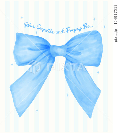 Elegant Coquette ribbon bow blue watercolor hand painting in a preppy aesthetic. 134917515