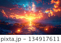 Sunset sky vibrant clouds glowing path mountain landscape starry night dramatic light rocky trail wildflower meadow fantasy scene colorful horizon 134917611