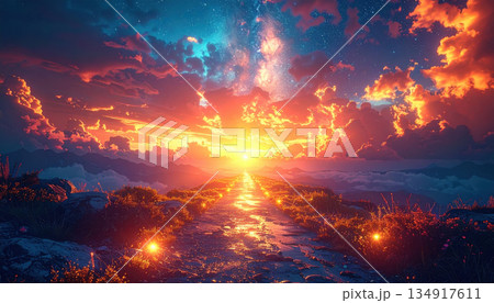 Sunset sky vibrant clouds glowing path mountain landscape starry night dramatic light rocky trail wildflower meadow fantasy scene colorful horizon Sunset sky vibrant clouds glowing path mountain landscape starry night dramatic light rocky trail wildflower meadow fantasy scene colorful horizon 134917611
