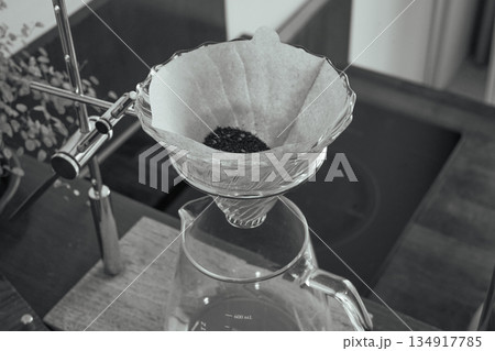 Coffee Grounds in Filter Ready for Brewing (B&W) 134917785