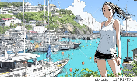 沖縄のヨットハーバーに立つ若い女性