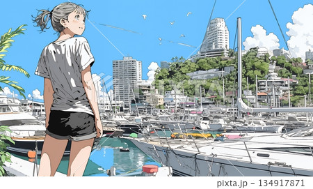 沖縄のヨットハーバーに立つ若い女性