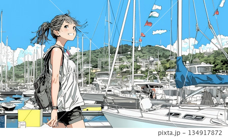 沖縄のヨットハーバーに立つ若い女性