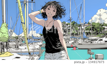 沖縄のヨットハーバーに立つ若い女性