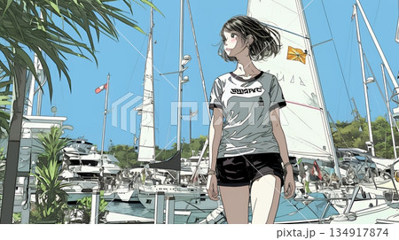 沖縄のヨットハーバーに立つ若い女性